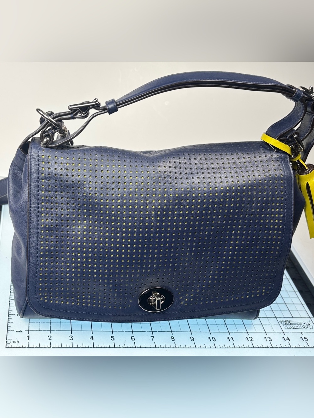Coach Navy Perforated Crossbody Bag with Yellow tassel Accent. Tan interior. EUC - Picture 3 of 8